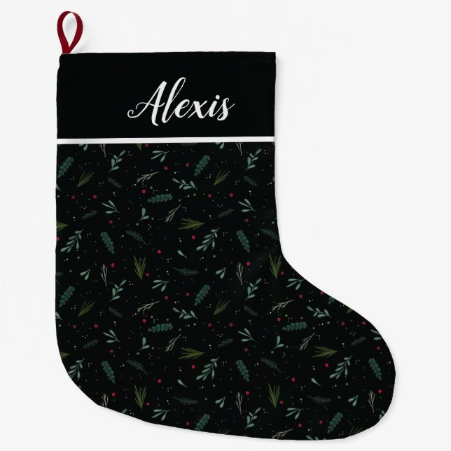 Festliche Weihnachten Blätter Berries Black Großer Weihnachtsstrumpf (Vorderseite)