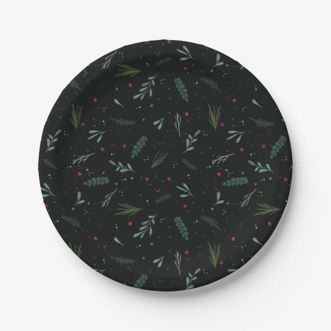 Festliche Weihnachten Blätter Berries Black Pappteller (Vorderseite)