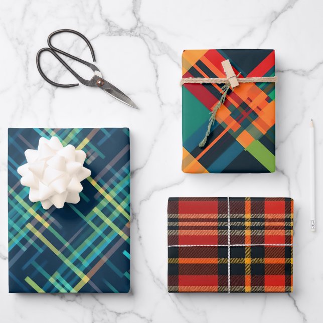 Festliche Weihnachten Stilvolles Kariertes Muster  Geschenkpapier Set (Vorderseite)