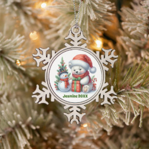 Festliche Weihnachtsbären mit Namensdatum Schneeflocken Zinn-Ornament
