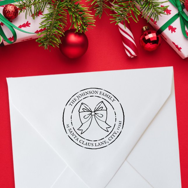 Festliche Weihnachtsbäume Familienname Rücksendead Gummistempel (Christmas Bow Family Emblem Seal + Address Rubber Stamp)