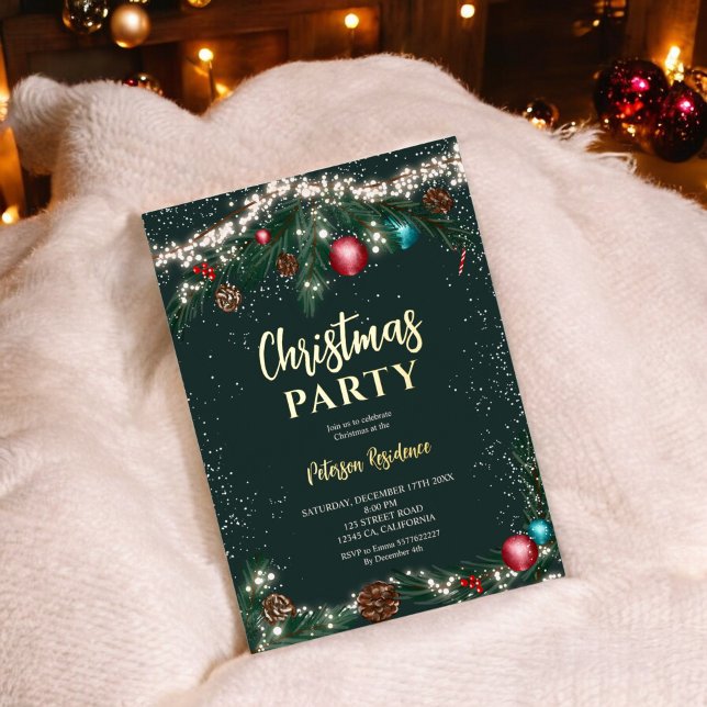 Festliche Weihnachtsbeleuchtung Kiefernäste Schnee Folieneinladung (Festive Christmas lights pine branches snow green Foil Invitation)
