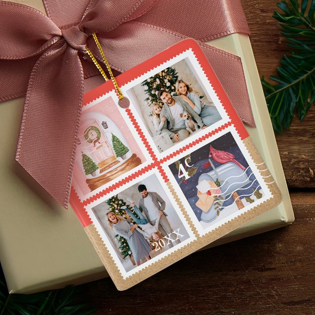 Festliche Weihnachtsfamilien Fotos Briefmarke Post Keramikornament (Fun Festive Christmas Family Photos Postage Stamps Ceramic Ornament)