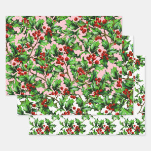 Festliche Weihnachtsfeier Holly Berries Geschenkpapier Set