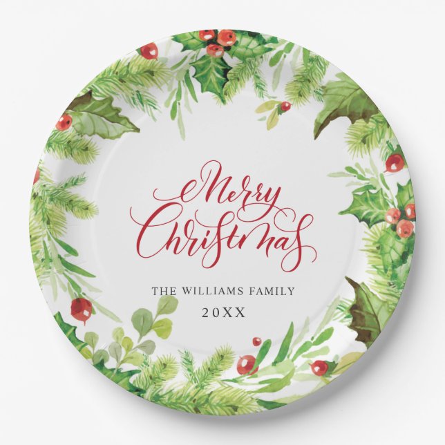 Festliche Weihnachtsfeier Holly Berry Pappteller (Vorderseite)