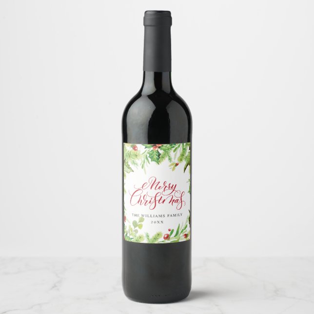 Festliche Weihnachtsfeier Holly Berry Weinetikett (Vorderseite)