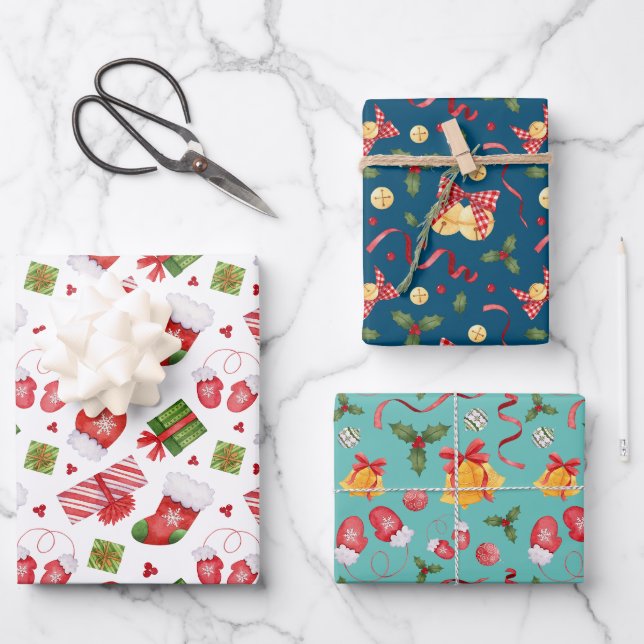 Festliche Weihnachtsglocken und Ribbons Wasserfarb Geschenkpapier Set (Vorderseite)