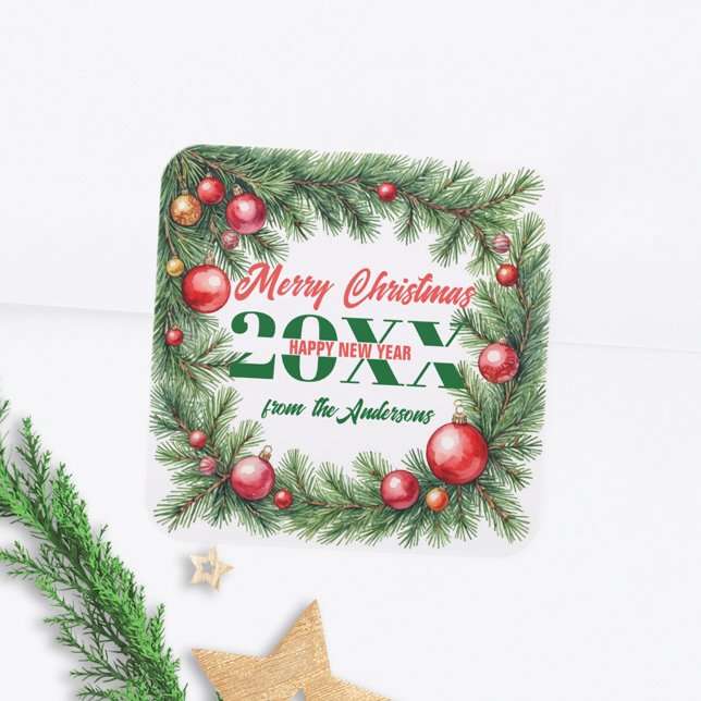 Festliche Weihnachtsgrüße von Pine Garland Quadratischer Aufkleber (Von Creator hochgeladen)