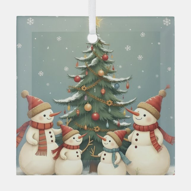 Festliche Weihnachtskollektion der Familie Snowman Ornament Aus Glas (Vorderseite)