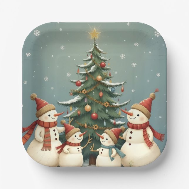 Festliche Weihnachtskollektion der Familie Snowman Pappteller (Vorderseite)