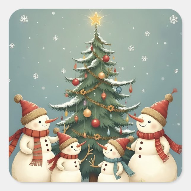 Festliche Weihnachtskollektion der Familie Snowman Quadratischer Aufkleber (Vorderseite)