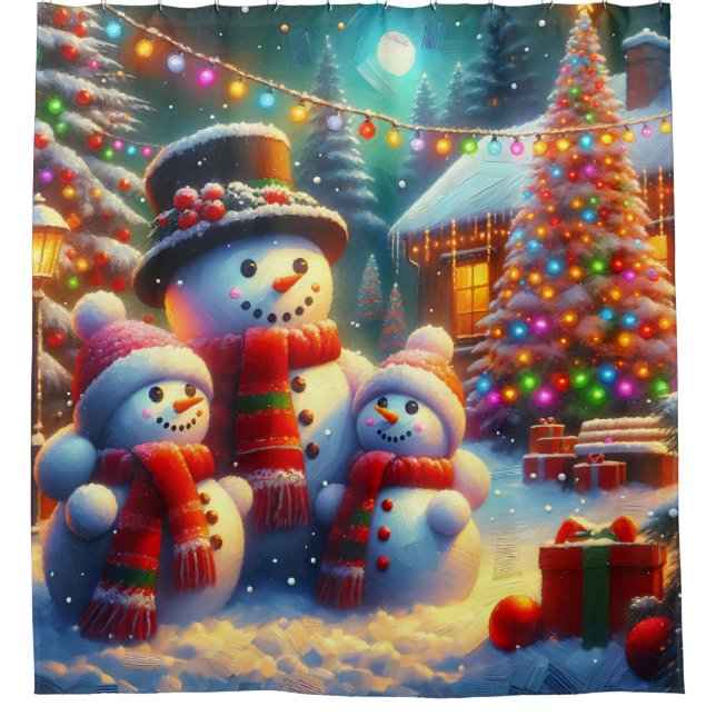 "Festliche Weihnachtslandschaft der Snowman-Famili Duschvorhang (Vorderseite)