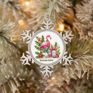 Festliche Weihnachtsnachtsnachtsnacht Datum Rosa F Schneeflocken Zinn-Ornament