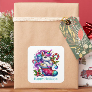 Festliche Weihnachtspepperminte Einhorn individuel Quadratischer Aufkleber