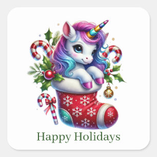 Festliche Weihnachtspepperminte Einhorn individuel Quadratischer Aufkleber