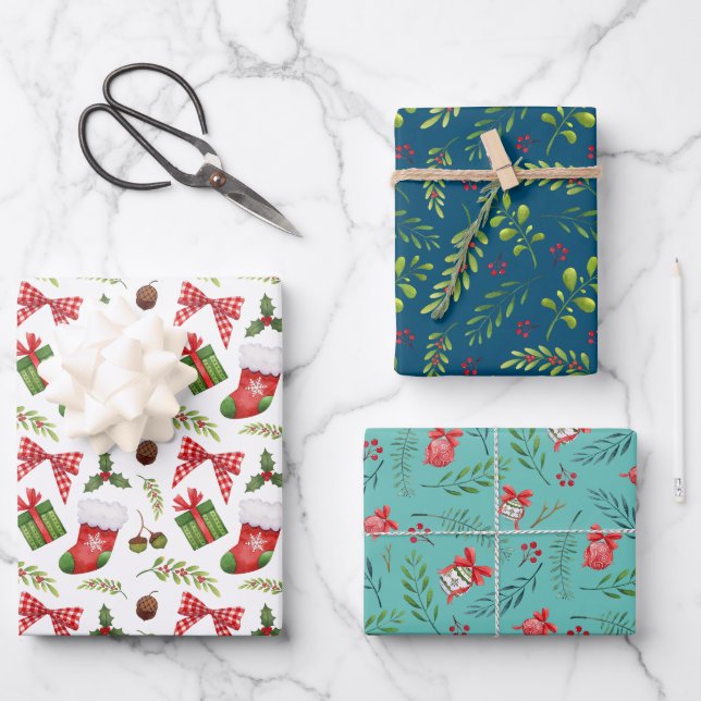 Festliche Weihnachtsschmuck und Zweige Wasserfarbe Geschenkpapier Set (Vorderseite)