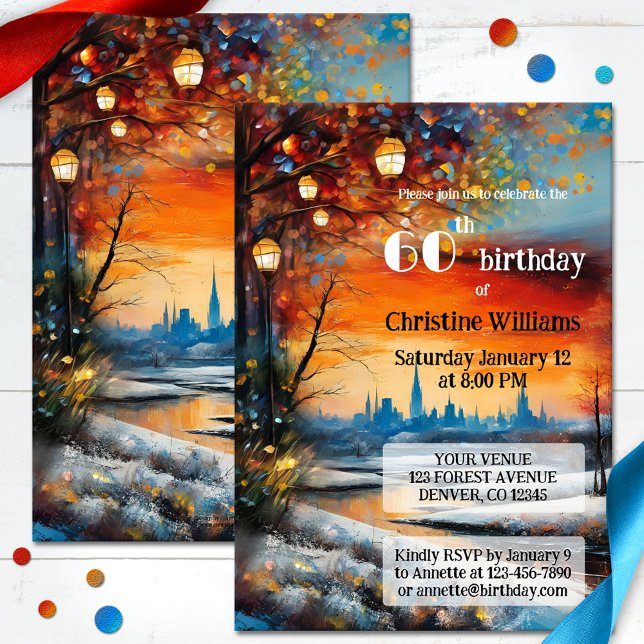 Festliche Whimsical Adult Winter Geburtstagsparty Einladung (Adult birthday invitation featuring a whimsical painting of a winter landscape with festive lanterns)