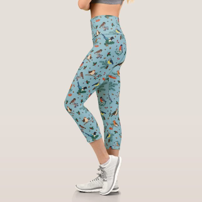 Festliche Winter Birds Weihnachtsmuster Capri Leggings (Links)