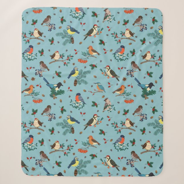 Festliche Winter Birds Weihnachtsmuster Sherpadecke (Vorderseite)