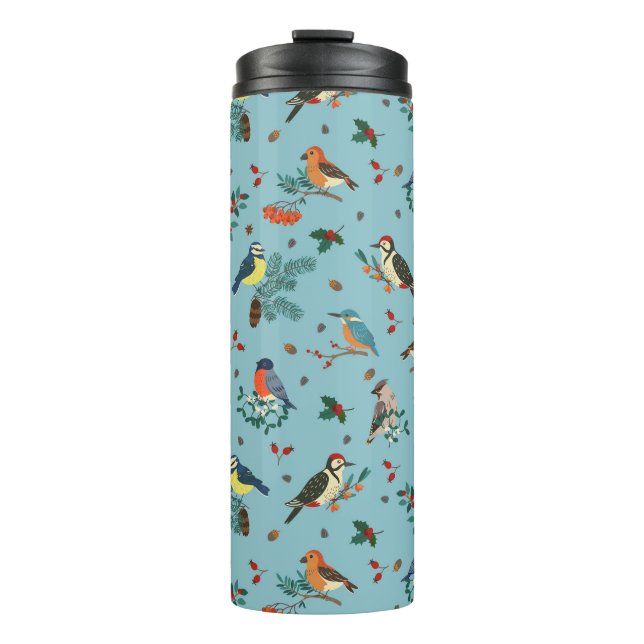 Festliche Winter Birds Weihnachtsmuster Thermosbecher (Vorderseite)