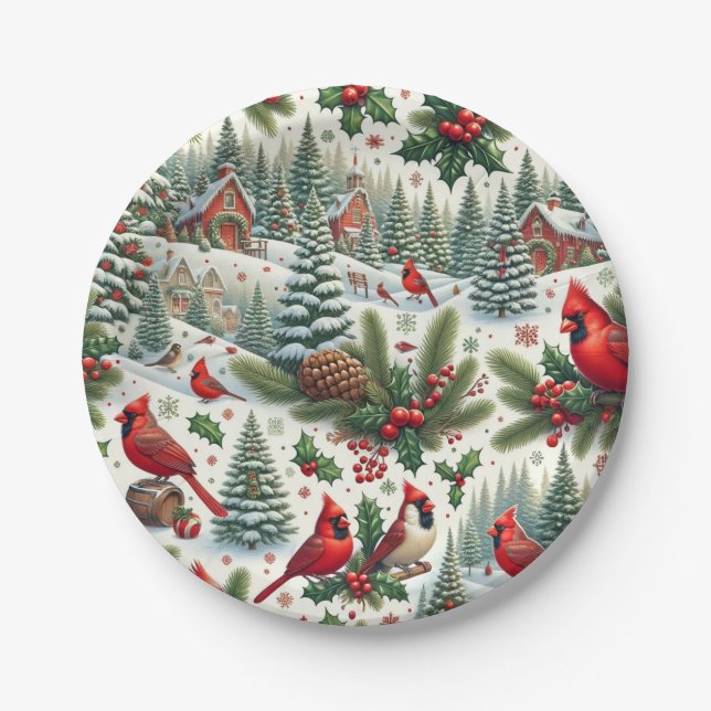 Festliche Winter-Kardinal Papierplatte Pappteller (Vorderseite)