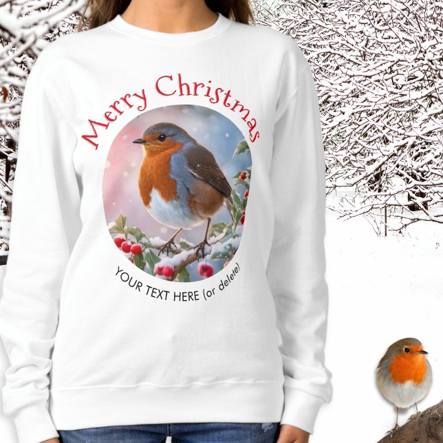 Festliche Winter Robin Redbrand Frohe Weihnachten Sweatshirt (A personalized festive sweatshirt, with winter robin picture and red 'Merry Christmas' greeting)