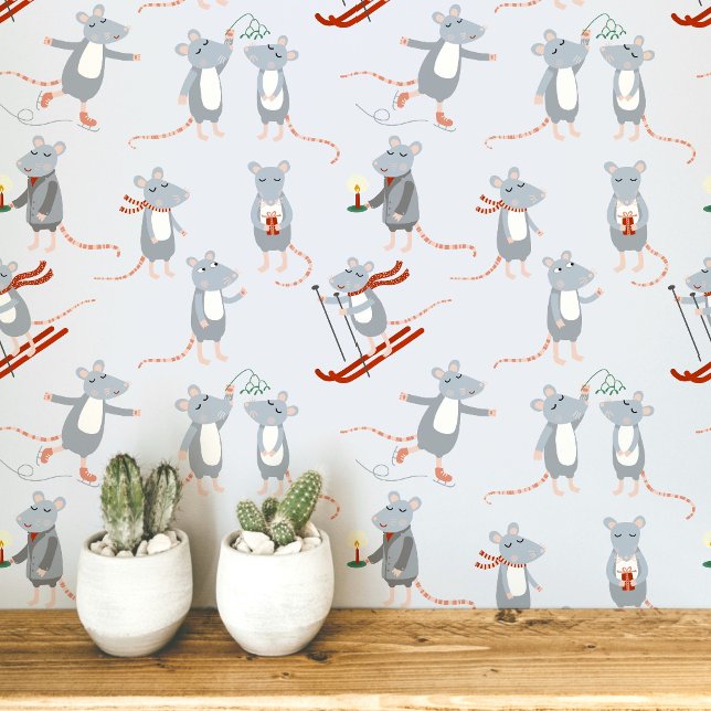 Festliche Winterferien Mice Blue Tapete (Fun winter mice art wallpaper)