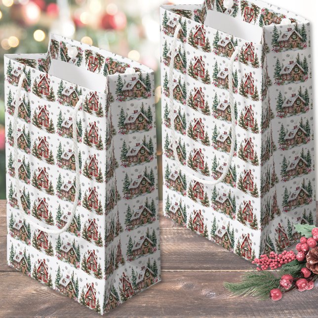 Festliche Winterhütte Wasserfarben Weihnachten Kleine Geschenktüte (Festive Winter Cabin Watercolor Christmas Small Gift Bag)