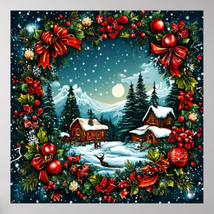 Festliche Winterhüttenszene mit Weihnachtskranz Poster