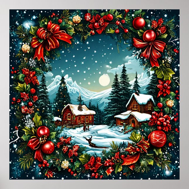 Festliche Winterhüttenszene nach Weihnachtskranz Poster (Vorne)