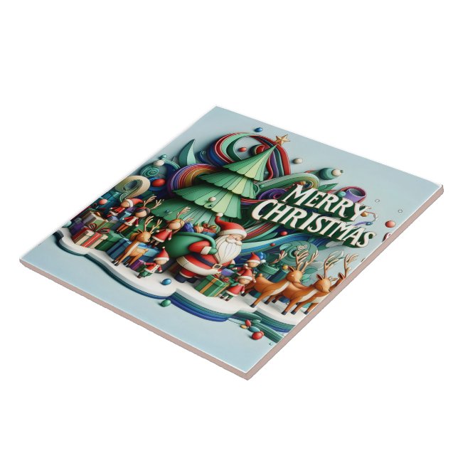 Festliche Winterlandschaft mit dem Weihnachtsmann  Fliese (Seite)