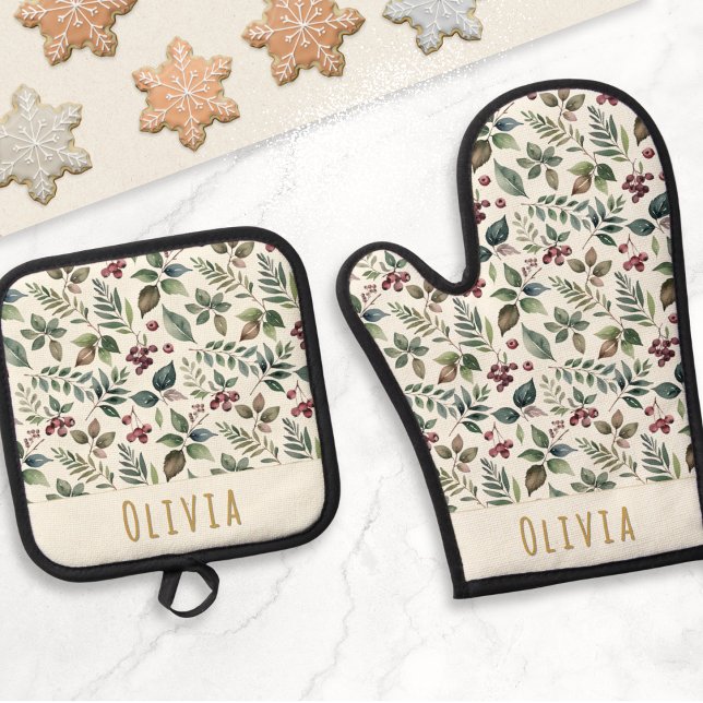 Festliche Winterlandschaft Personalisierte Weihnac Ofenhandschuh & Topflappen-Set (A personalized oven mitt and pot holder set, with Christmas botanical pattern of leaves and berries)