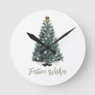 Festliche Wünsche. Weihnachtsbaum-Design Runde Wanduhr