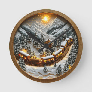 Festliche Zugfahrt durch schneebedeckte Gipfel Runde Wanduhr