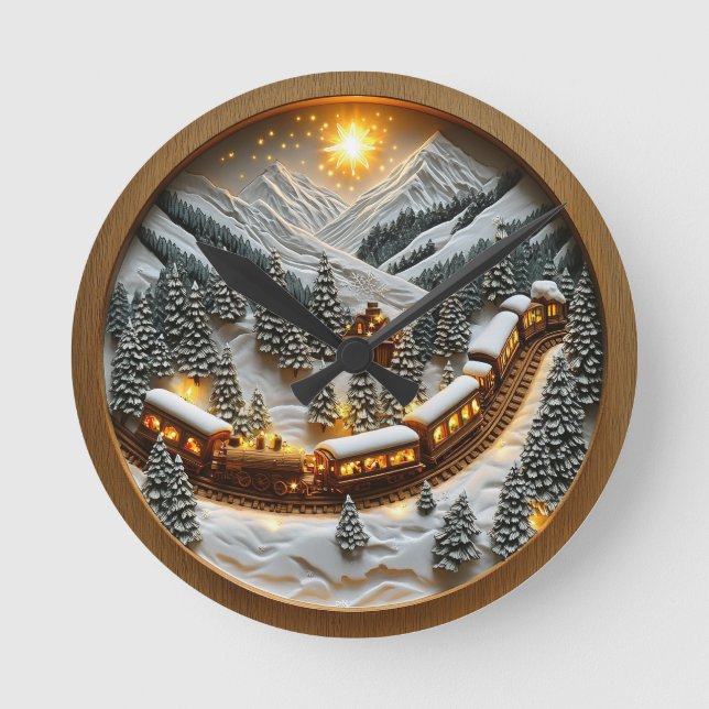 Festliche Zugfahrt durch schneebedeckte Gipfel Runde Wanduhr (Vorderseite)