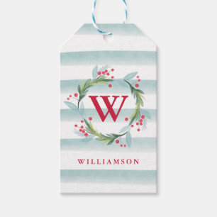 Festlicher Aquarell-Laub-Kranz Stripes Monogramm Geschenkanhänger