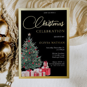 Festlicher Baum schwarze Büro-Weihnachtsfeier Gold Folieneinladung