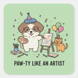 Festlicher Beagle-Maler und Katzenbegleiter Kunst Quadratischer Aufkleber