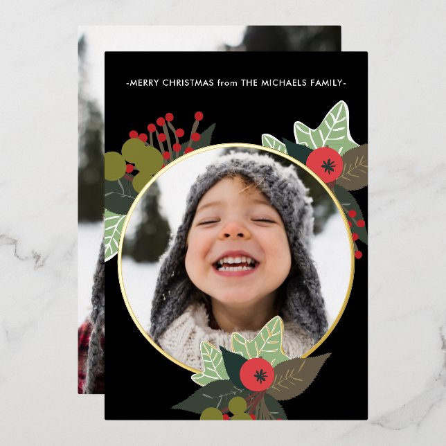 Festlicher Berry Kreath mit Circle Foto Weihnachte Folieneinladung (Vorderseite/Rückseite)