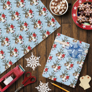 Festlicher blauer Weihnachts-Rentier-Kranz Geschenkpapier