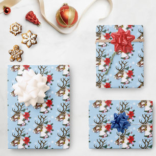 Festlicher blauer Weihnachts-Rentier-Kranz Geschenkpapier Set