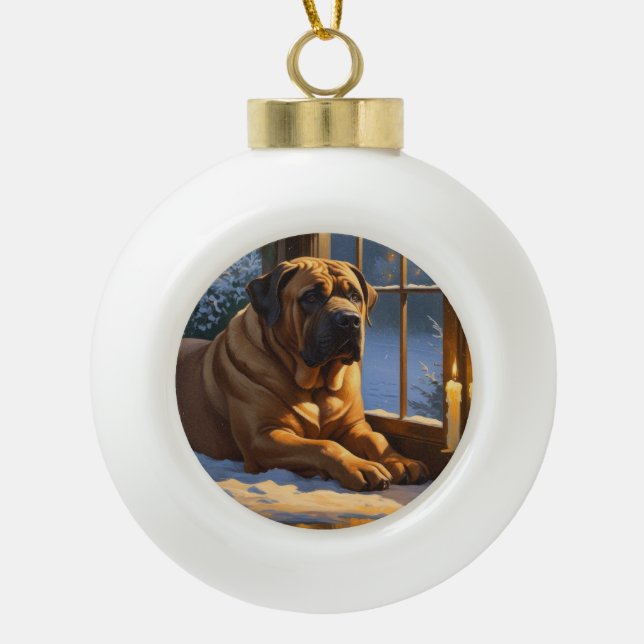 Festlicher Bullmastiff mit Weihnachtsbeleuchtung U Keramik Kugel-Ornament (Vorderseite)
