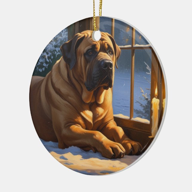 Festlicher Bullmastiff mit Weihnachtsbeleuchtung U Keramik Ornament (Links)