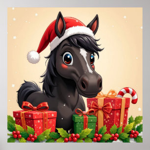 Festlicher Cartoon Schwarzes Pferd mit Weihnachtsm Poster