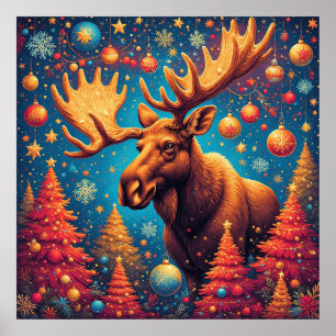 Festlicher Elch, verziert mit Weihnachtsdekoration Poster