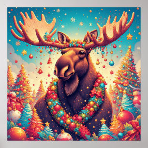 Festlicher Elch, verziert mit Weihnachtsdekoration Poster