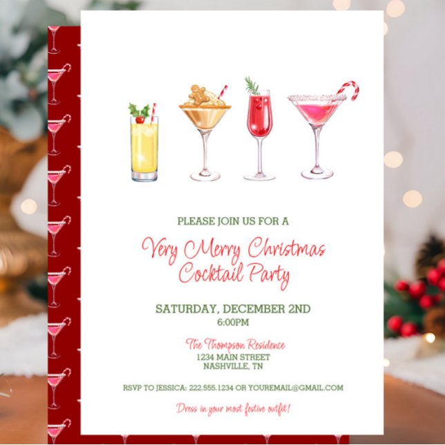 Festlicher Feiertag Cocktail Party Weihnachten Einladung (Very Merry Christmas Cocktail Party, Red Candy Cane Martini, Gingerbread Drinks, Holiday Party)