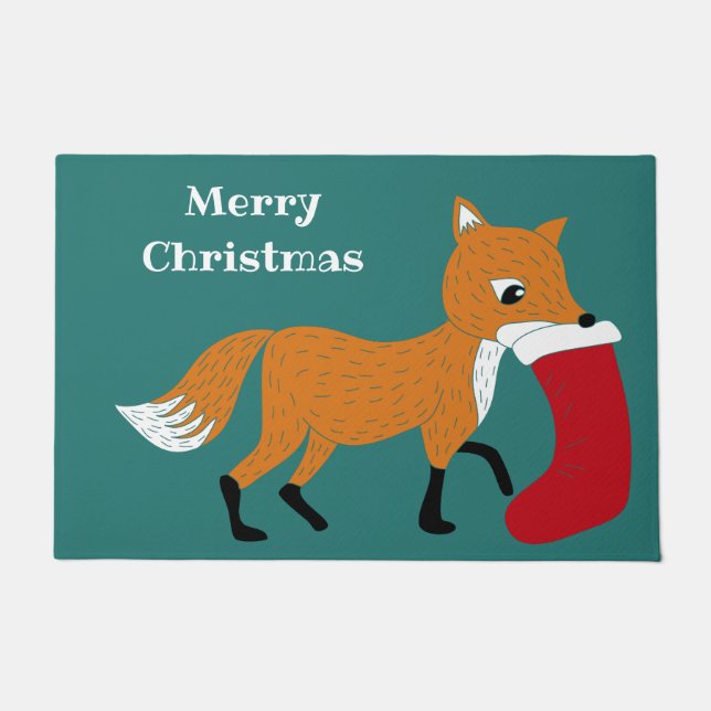 Festlicher Fox, der einen Strumpf nach Maß Weihnac Fußmatte (Vorderseite)