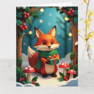 Festlicher Fuchs hält Geschenk im schneebedeckten Karte