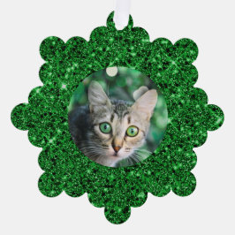 Festlicher grüner Glitzer Personalisierte Katze Ornament Karte